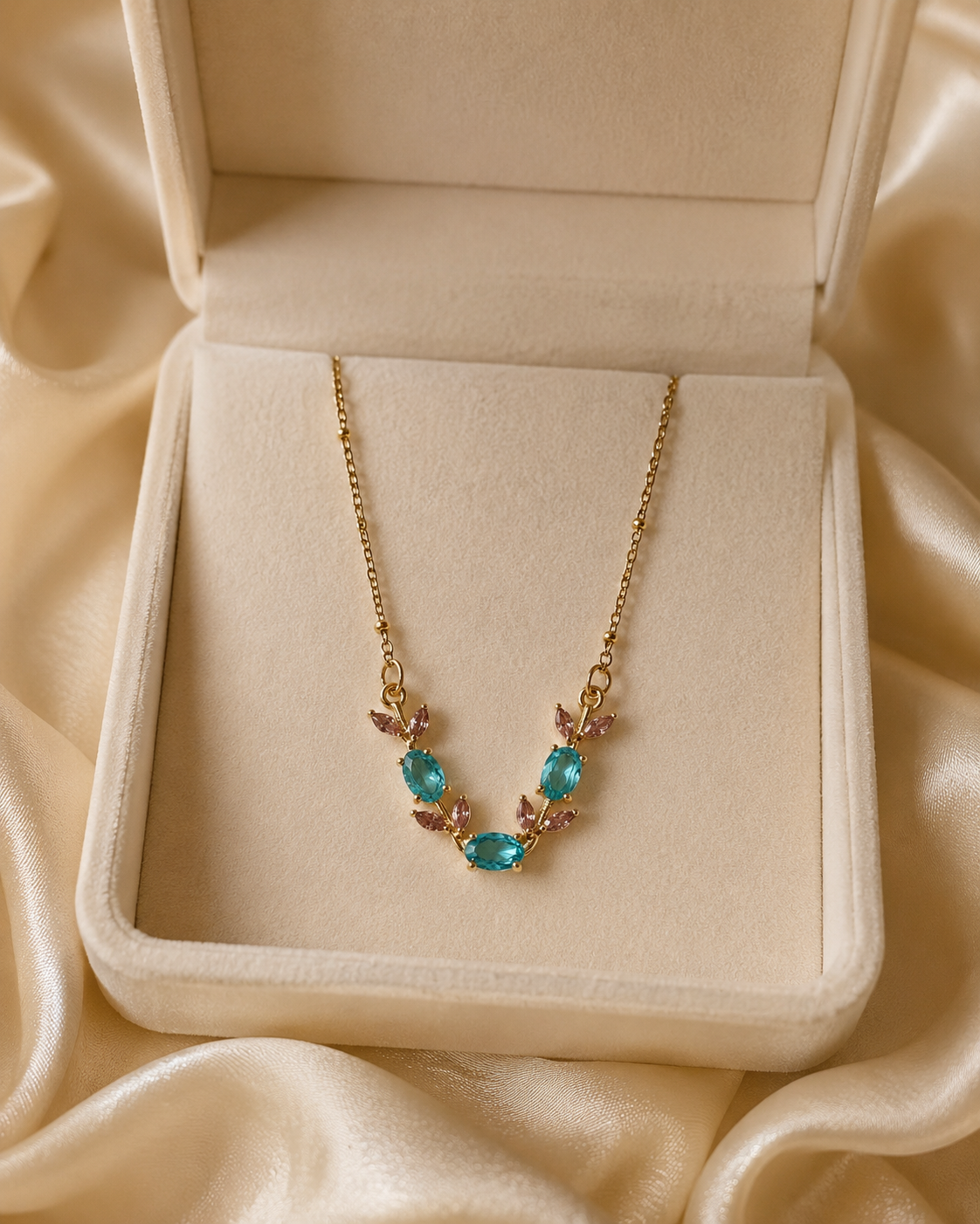 Gold-Plated Aqua Blue and Pink Crystal Leaf Necklace