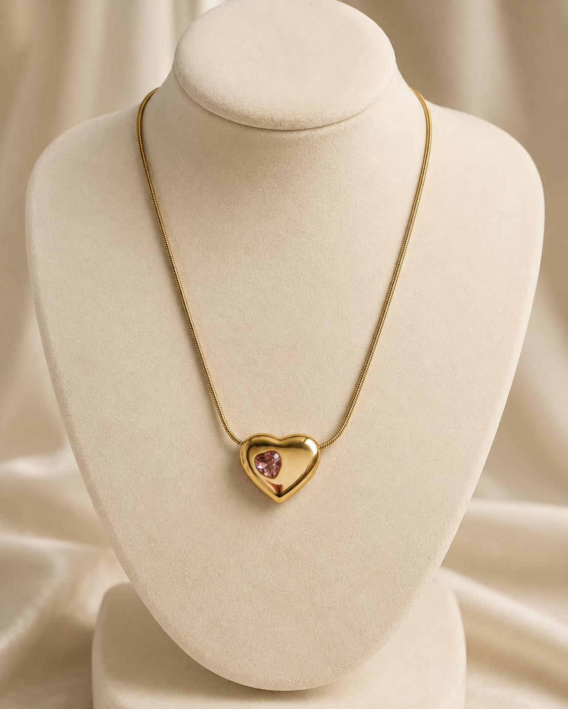 Gold-Plated Puffy Heart Necklace with Pink Crystal Accent