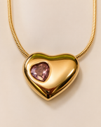 Gold-Plated Puffy Heart Necklace with Pink Crystal Accent