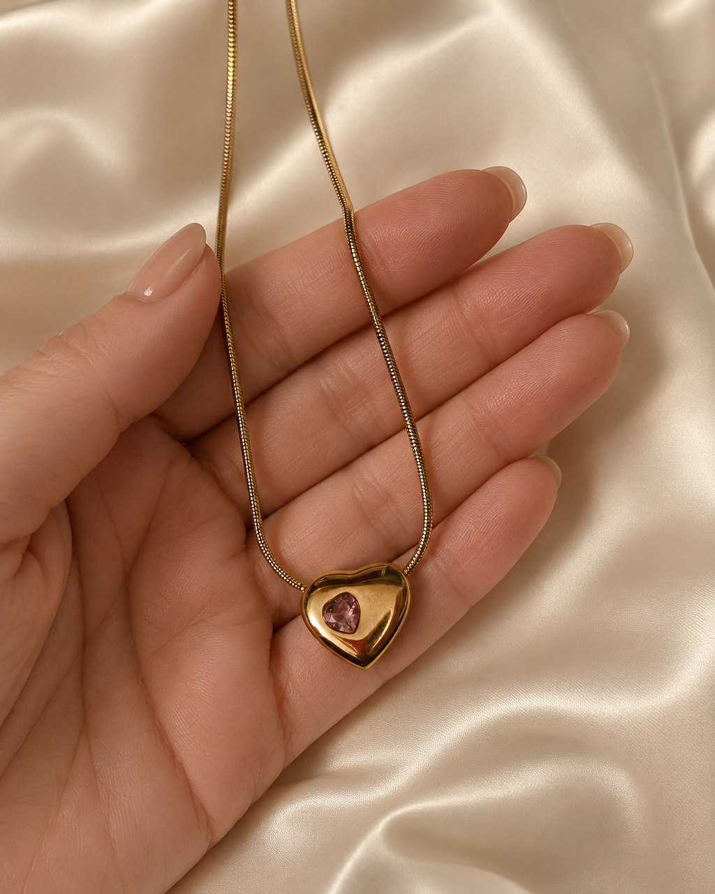 Gold-Plated Puffy Heart Necklace with Pink Crystal Accent