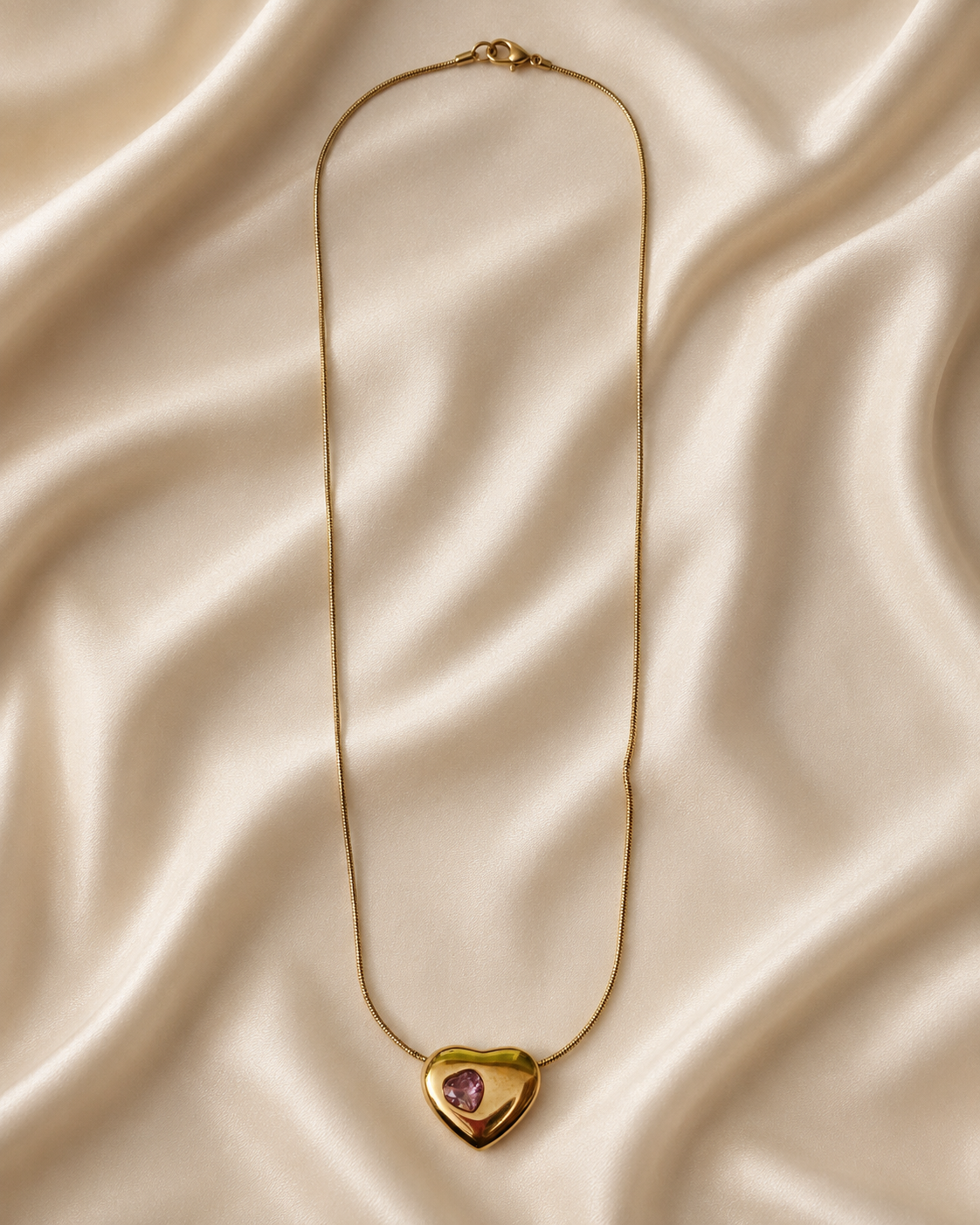 Gold-Plated Puffy Heart Necklace with Pink Crystal Accent