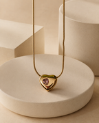 Gold-Plated Puffy Heart Necklace with Pink Crystal Accent