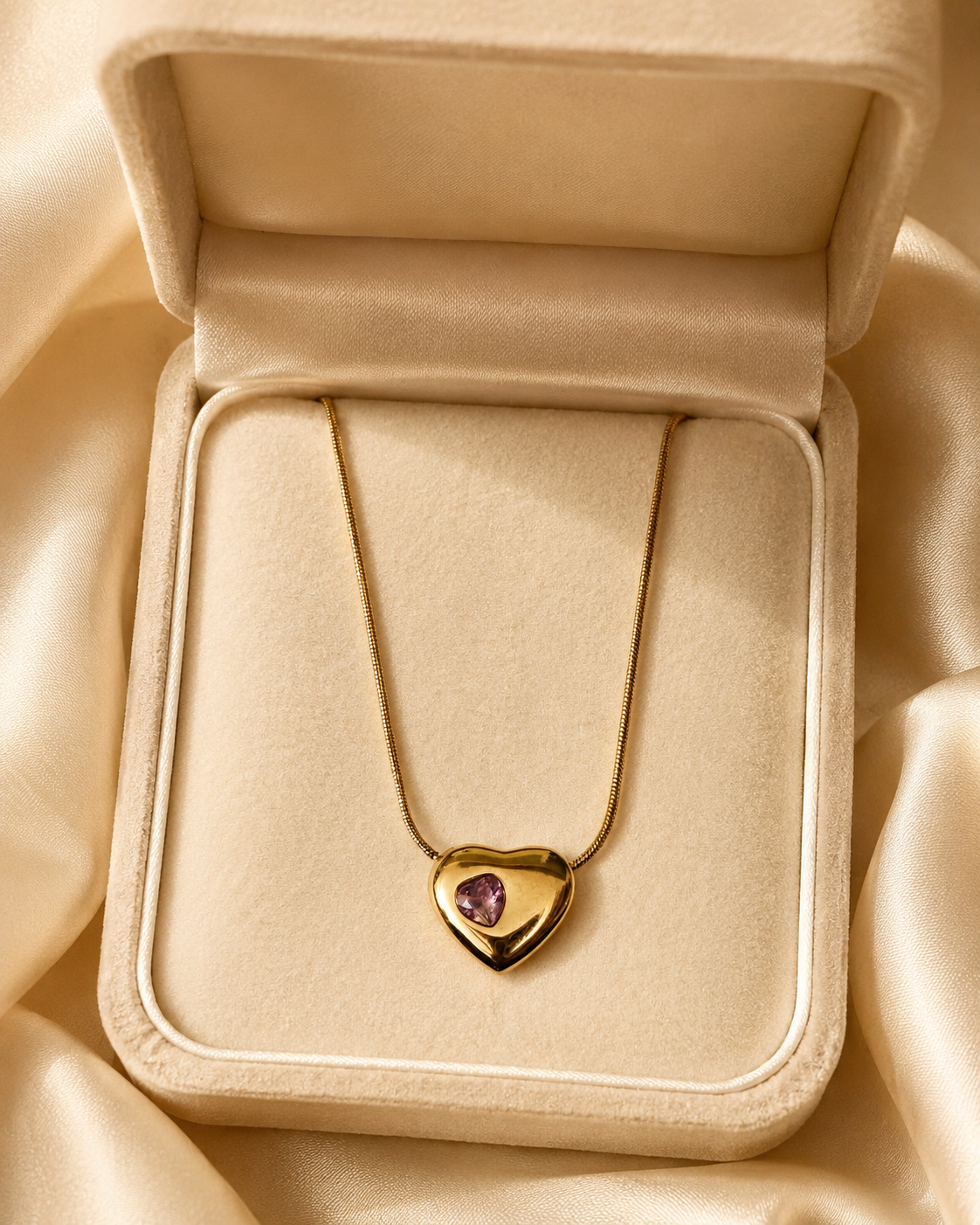 Gold-Plated Puffy Heart Necklace with Pink Crystal Accent