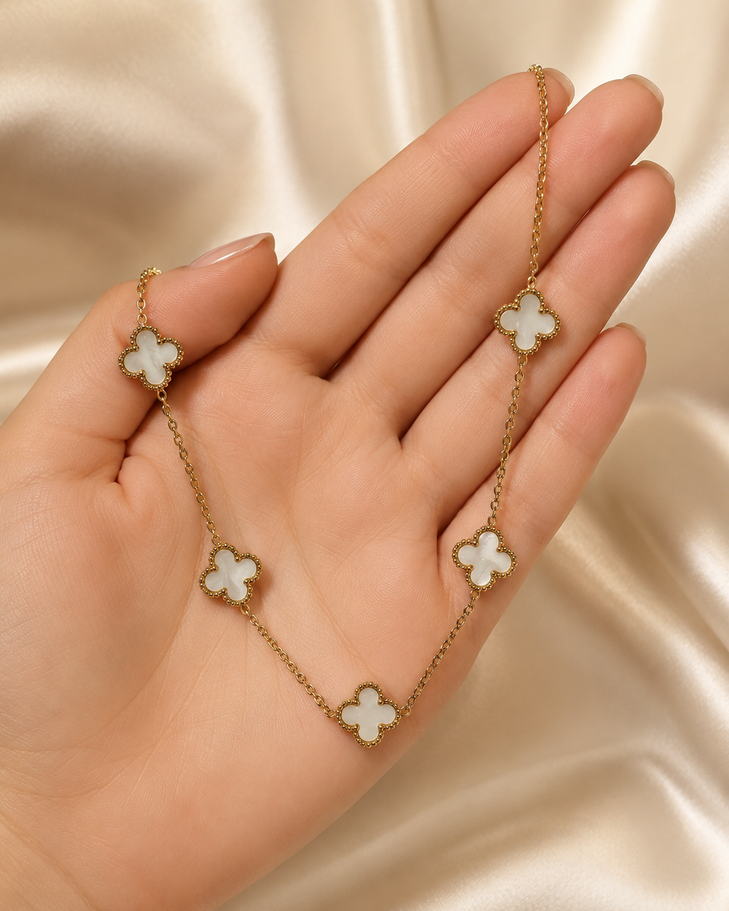 Gold-Plated White Clover Station Long Necklace
