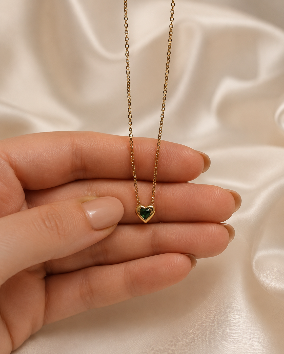 Gold-Plated Green Crystal Heart Necklace