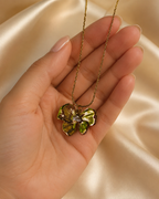 Gold-Plated Green Enamel Flower Pendant Necklace with Crystal Centre