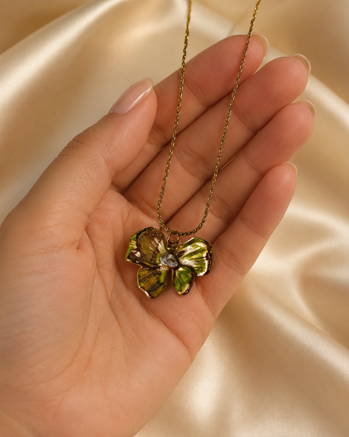 Gold-Plated Green Enamel Flower Pendant Necklace with Crystal Centre