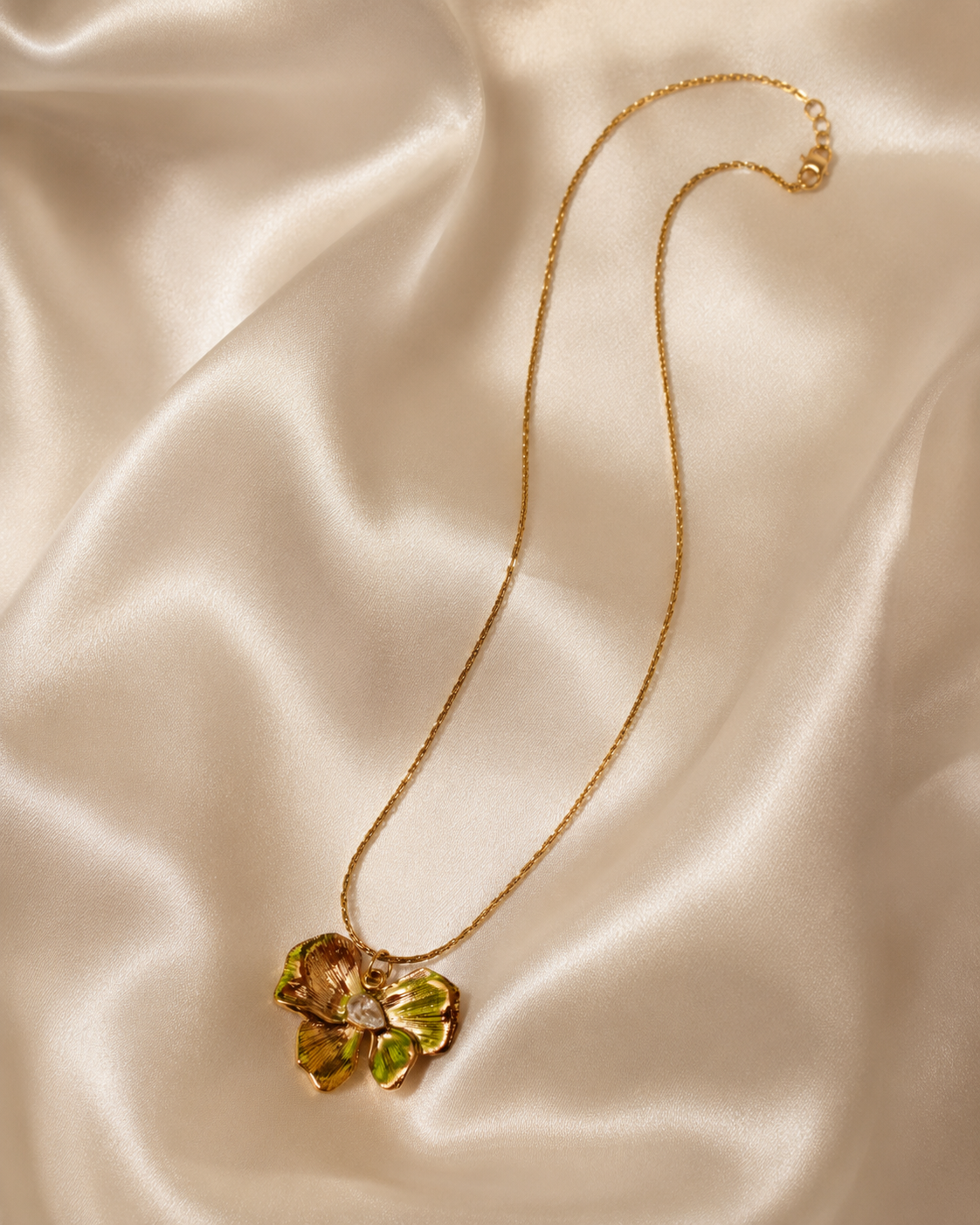 Gold-Plated Green Enamel Flower Pendant Necklace with Crystal Centre