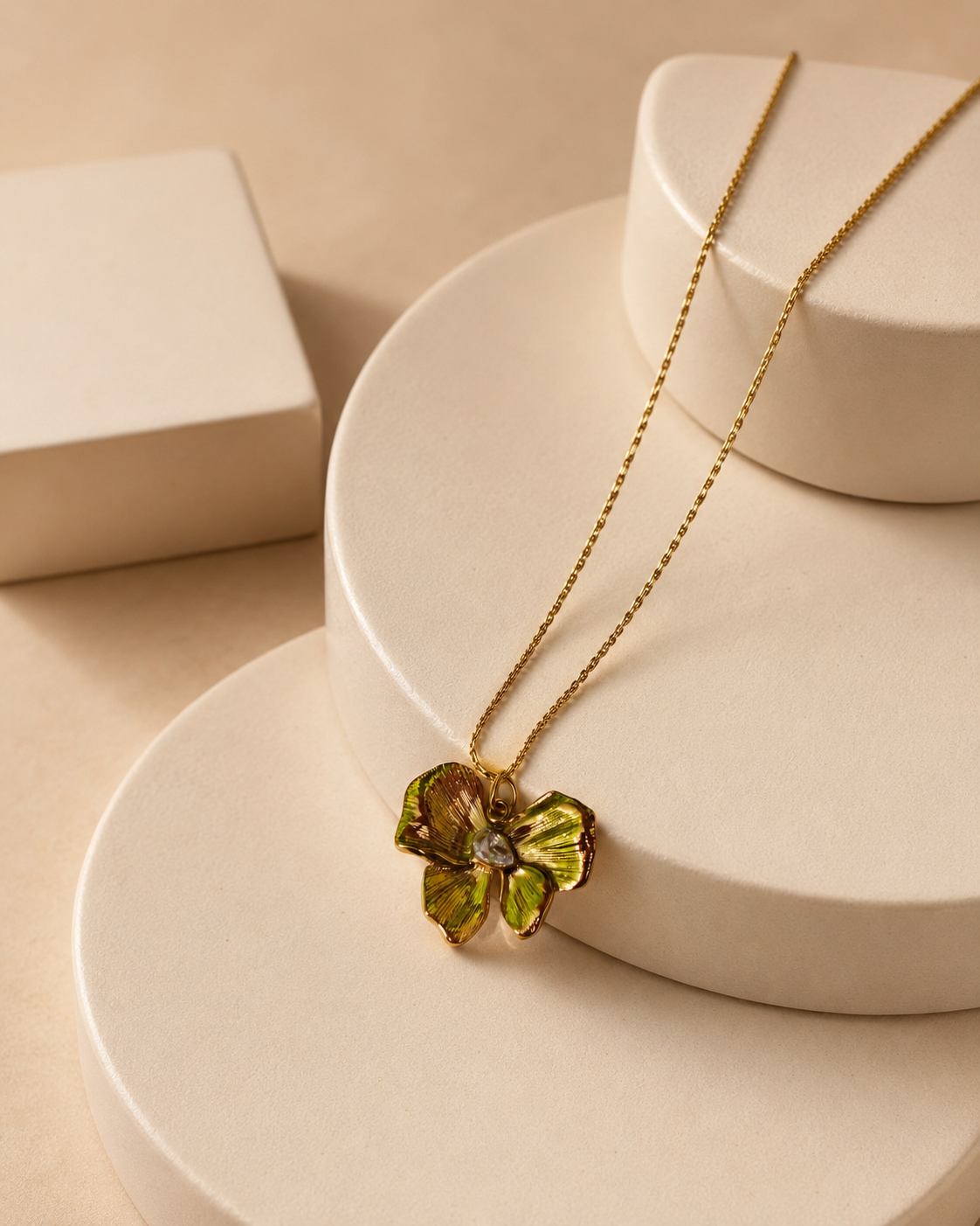 Gold-Plated Green Enamel Flower Pendant Necklace with Crystal Centre
