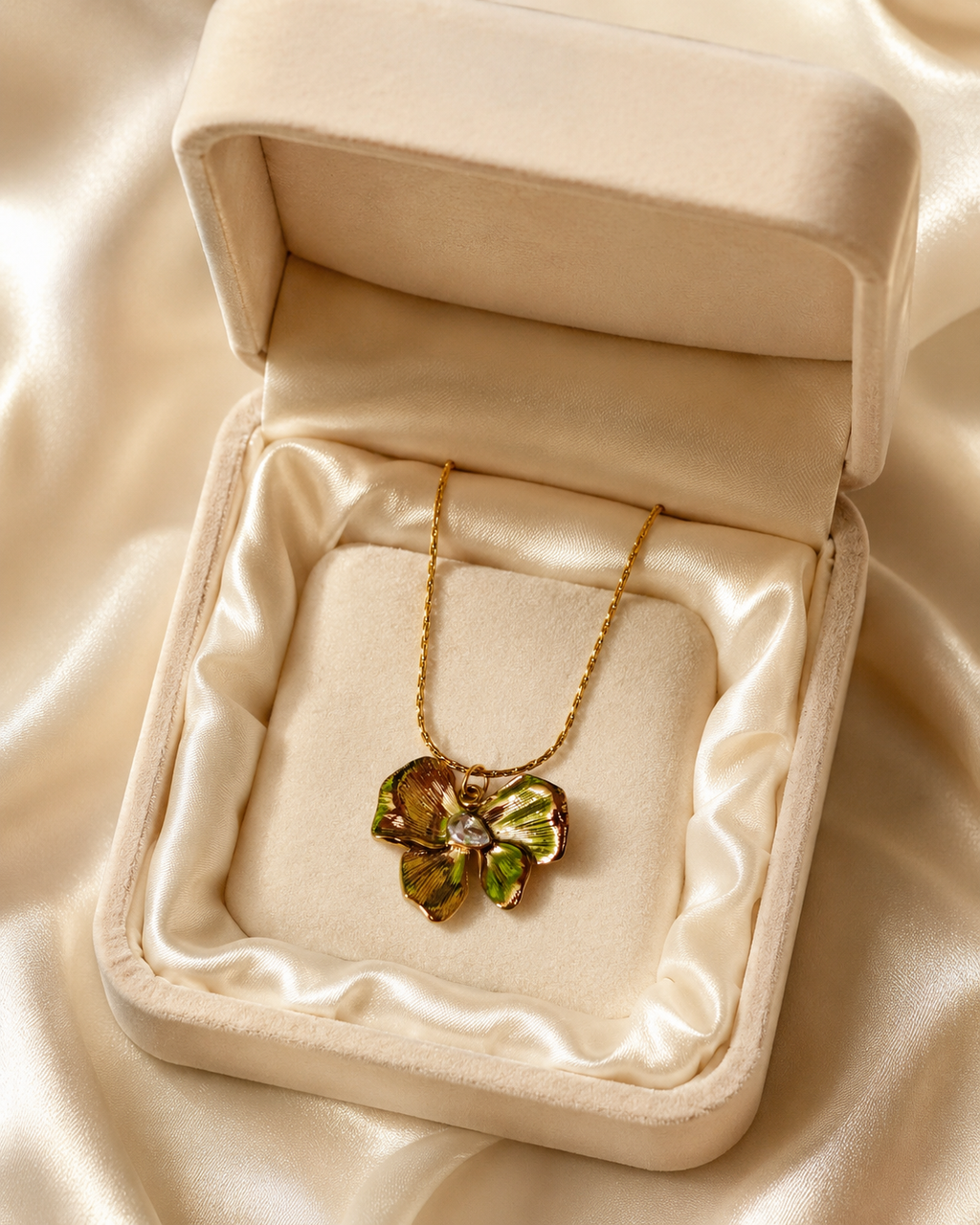 Gold-Plated Green Enamel Flower Pendant Necklace with Crystal Centre