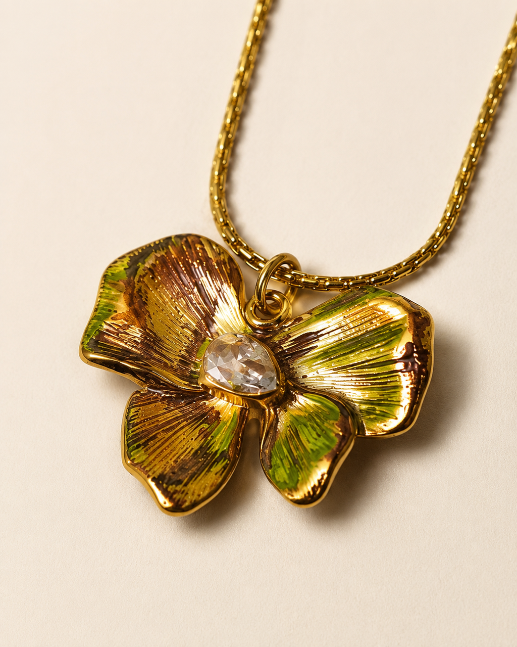 Gold-Plated Green Enamel Flower Pendant Necklace with Crystal Centre