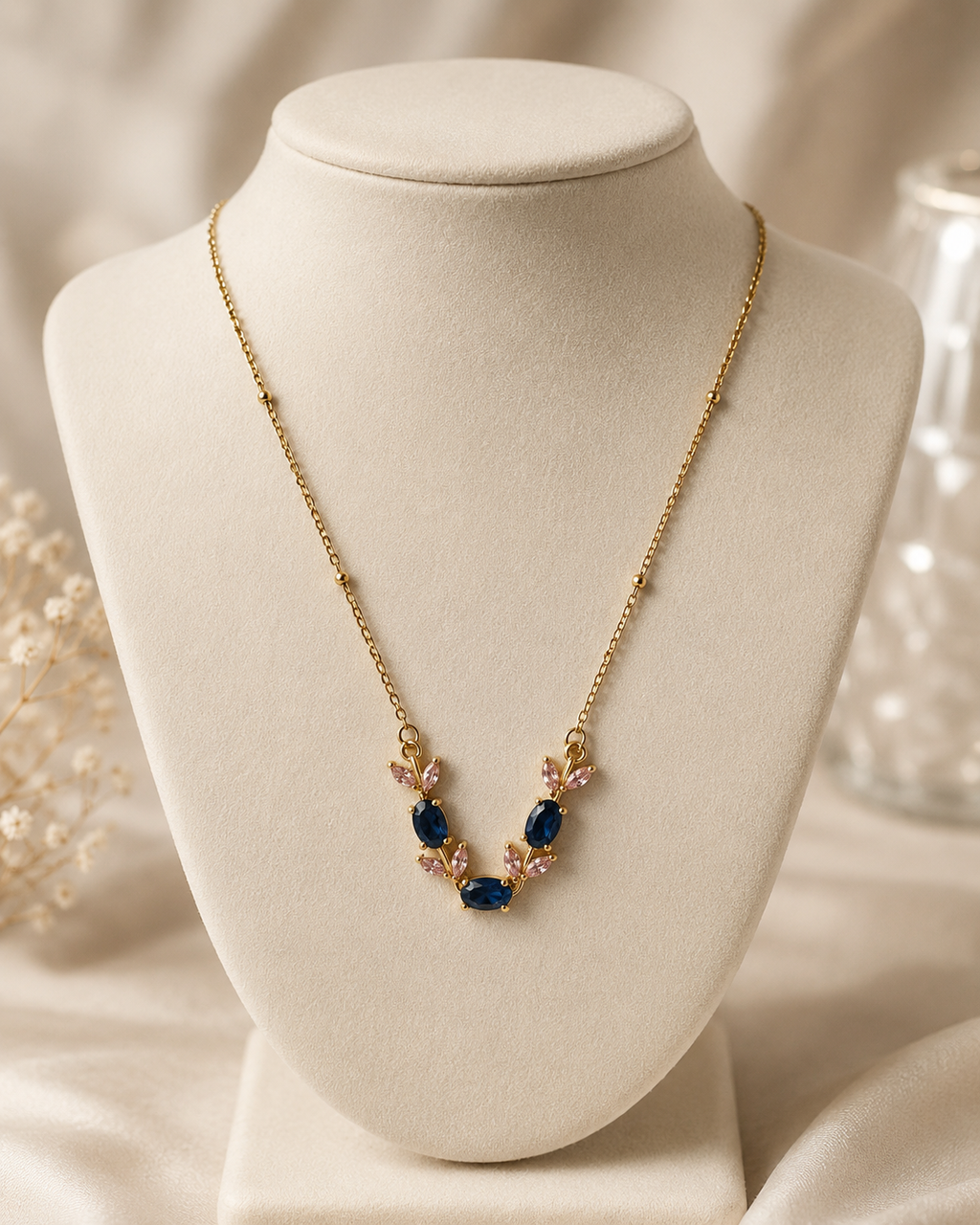 Gold-Plated Navy Blue and Pink Crystal Leaf Necklace