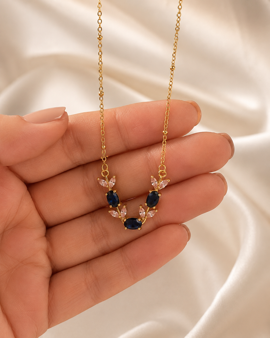 Gold-Plated Navy Blue and Pink Crystal Leaf Necklace