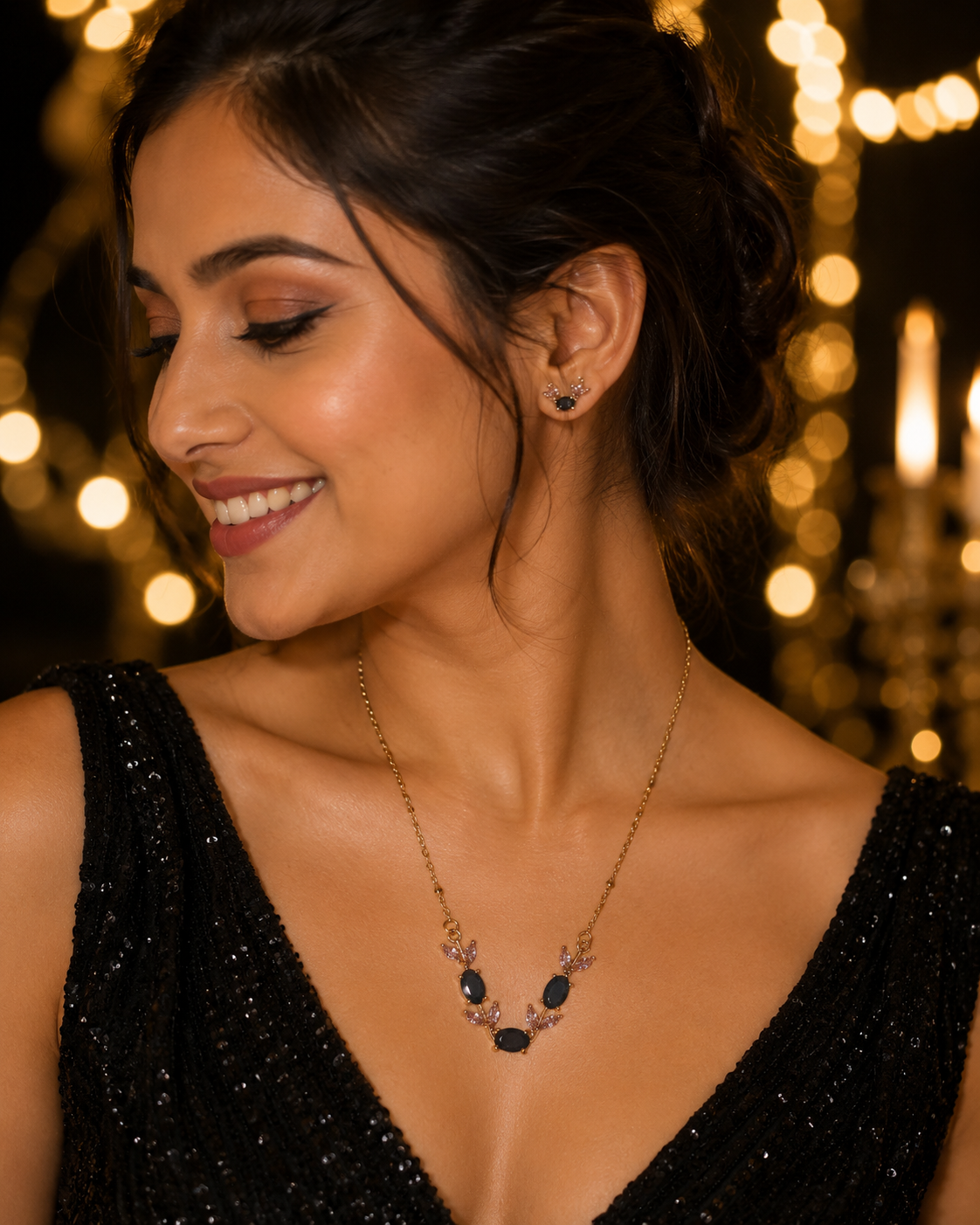 Gold-Plated Navy Blue and Pink Crystal Leaf Necklace