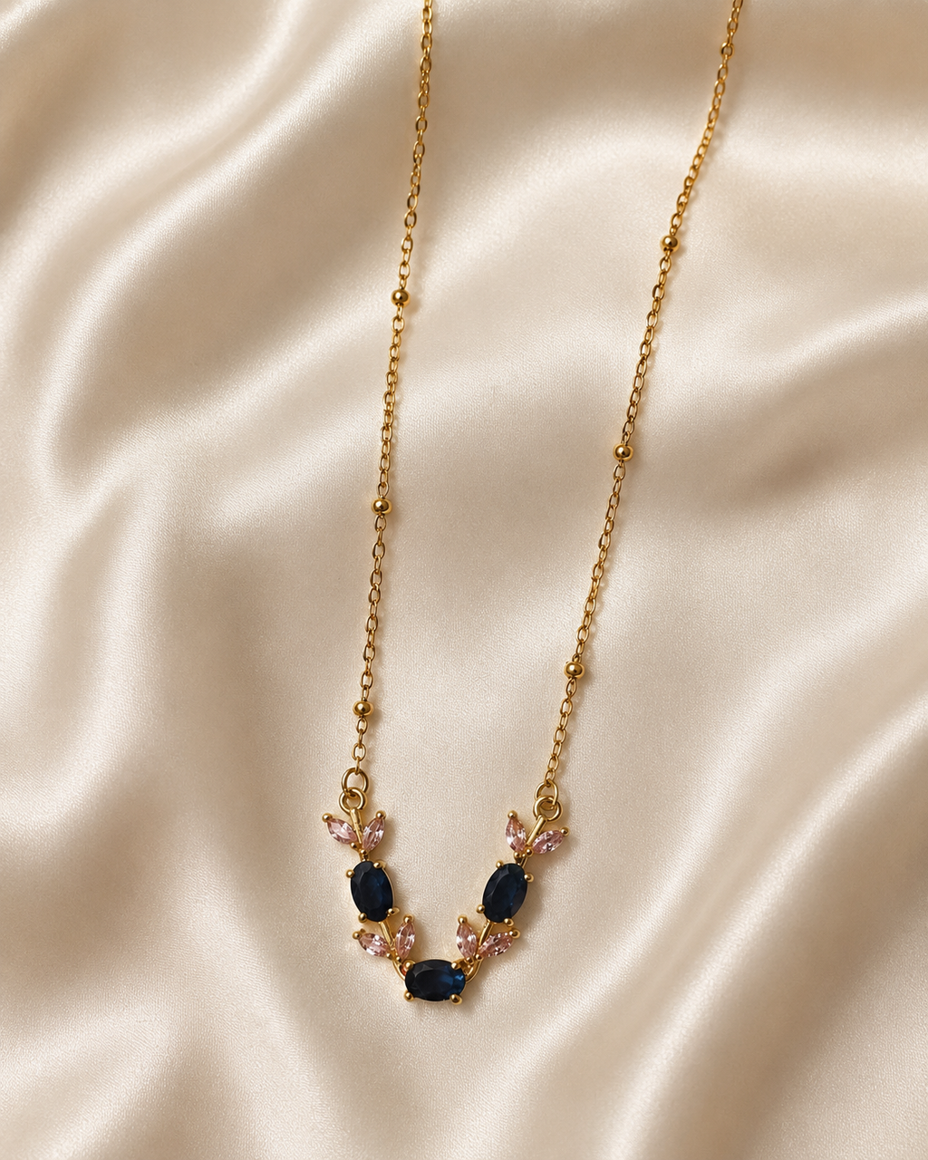 Gold-Plated Navy Blue and Pink Crystal Leaf Necklace