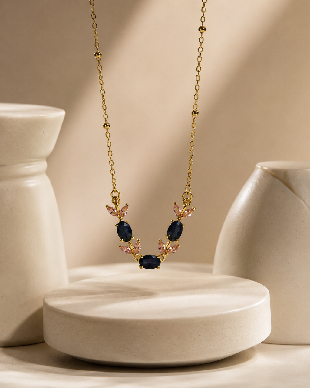 Gold-Plated Navy Blue and Pink Crystal Leaf Necklace