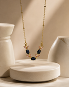 Gold-Plated Navy Blue and Pink Crystal Leaf Necklace