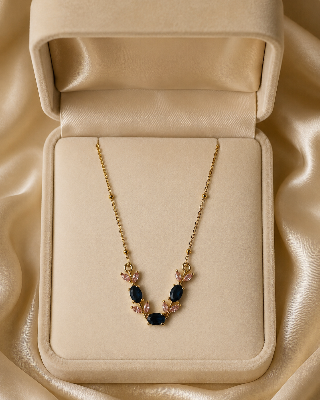 Gold-Plated Navy Blue and Pink Crystal Leaf Necklace
