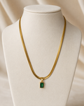 Gold-Plated Herringbone Chain Necklace with Green Rectangular Pendant