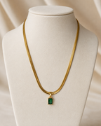 Gold-Plated Herringbone Chain Necklace with Green Rectangular Pendant