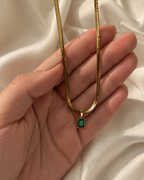 Gold-Plated Herringbone Chain Necklace with Green Rectangular Pendant