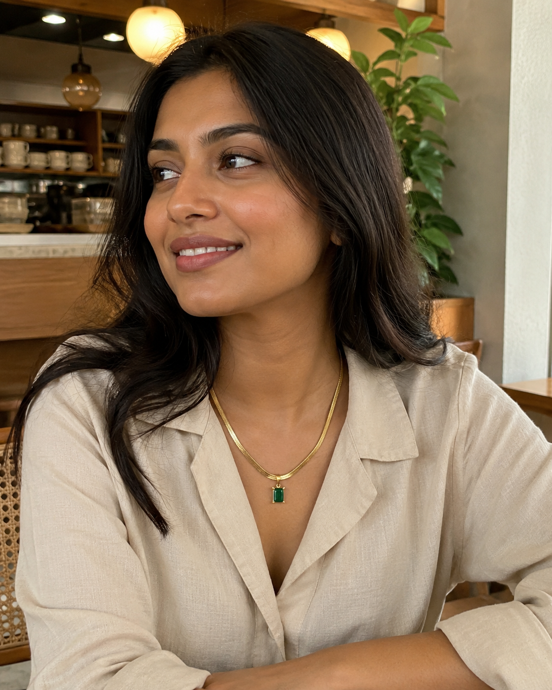 Gold-Plated Herringbone Chain Necklace with Green Rectangular Pendant