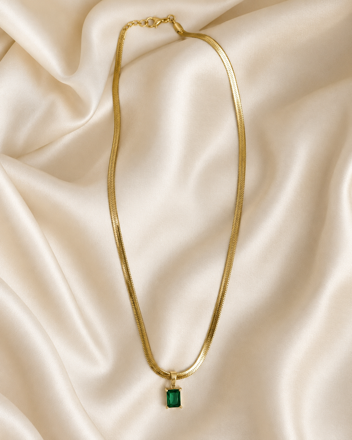 Gold-Plated Herringbone Chain Necklace with Green Rectangular Pendant