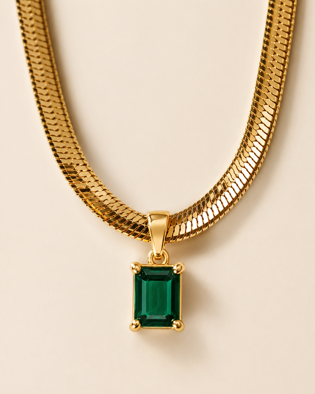 Gold-Plated Herringbone Chain Necklace with Green Rectangular Pendant