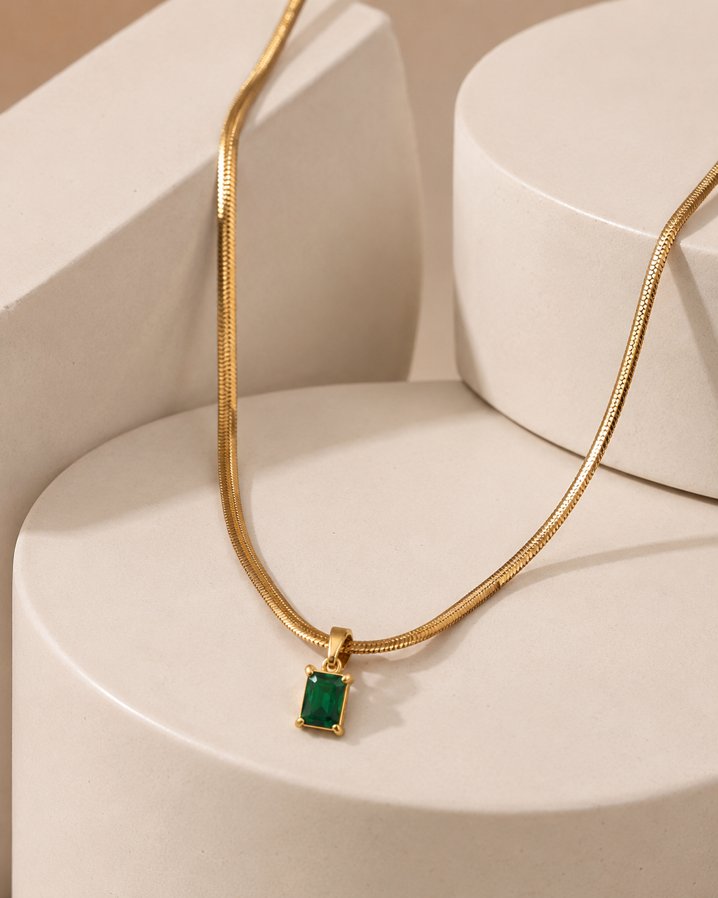 Gold-Plated Herringbone Chain Necklace with Green Rectangular Pendant