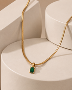 Gold-Plated Herringbone Chain Necklace with Green Rectangular Pendant