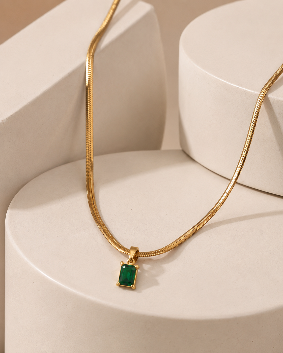 Gold-Plated Herringbone Chain Necklace with Green Rectangular Pendant