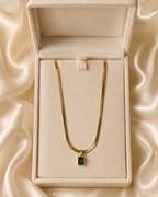 Gold-Plated Herringbone Chain Necklace with Green Rectangular Pendant