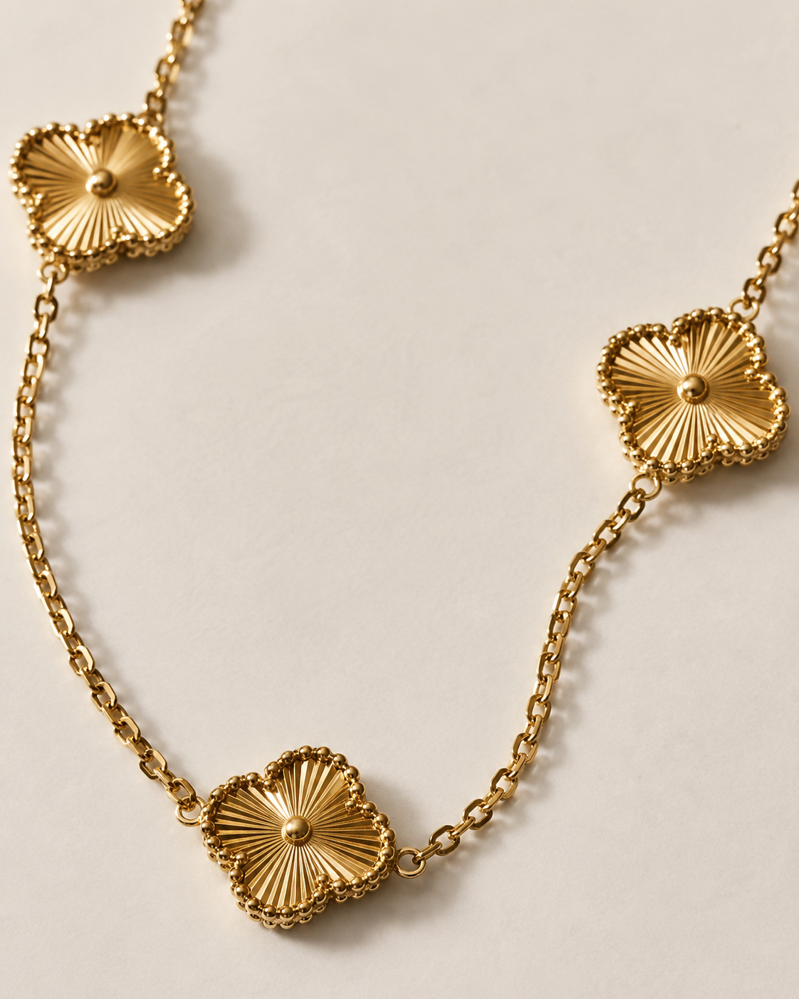 Gold-Plated Textured Clover Station Long Necklace