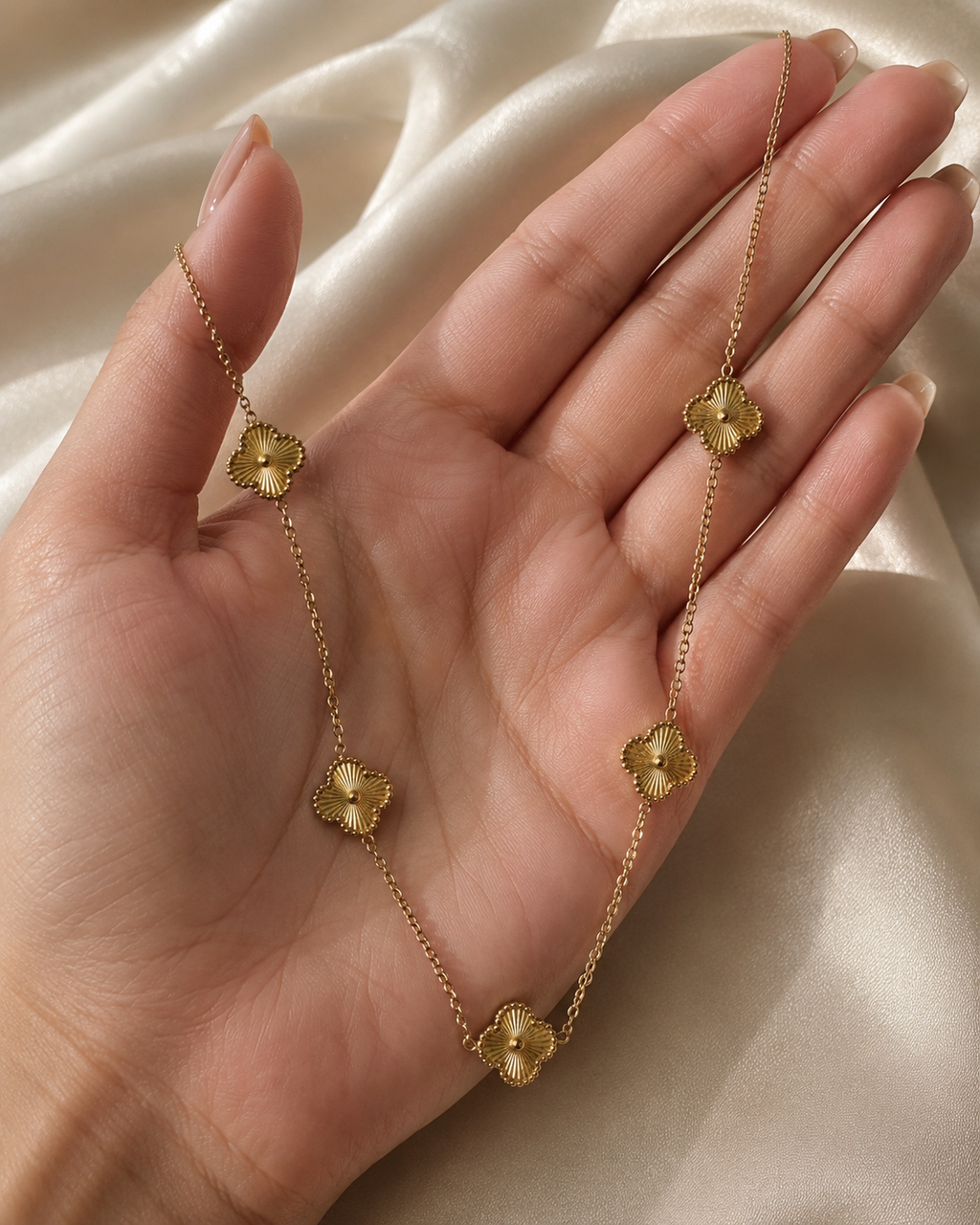 Gold-Plated Textured Clover Station Long Necklace