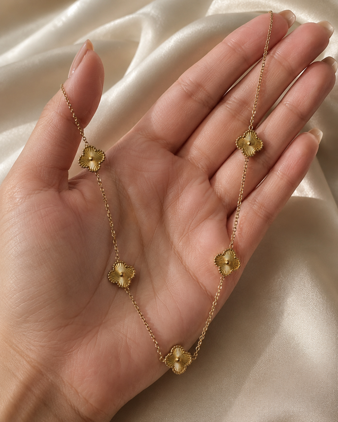 Gold-Plated Textured Clover Station Long Necklace