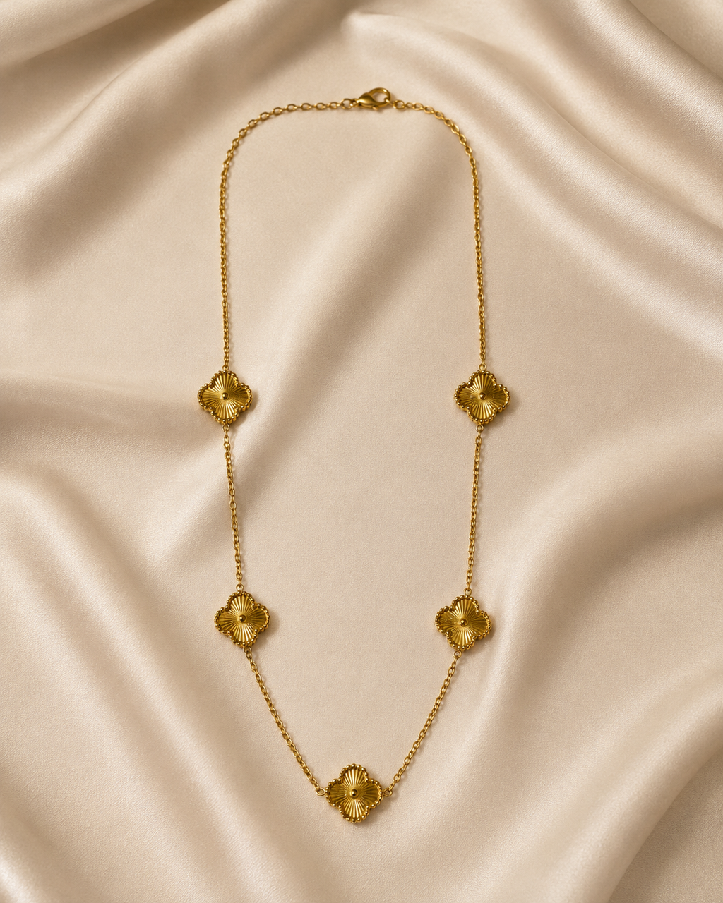 Gold-Plated Textured Clover Station Long Necklace