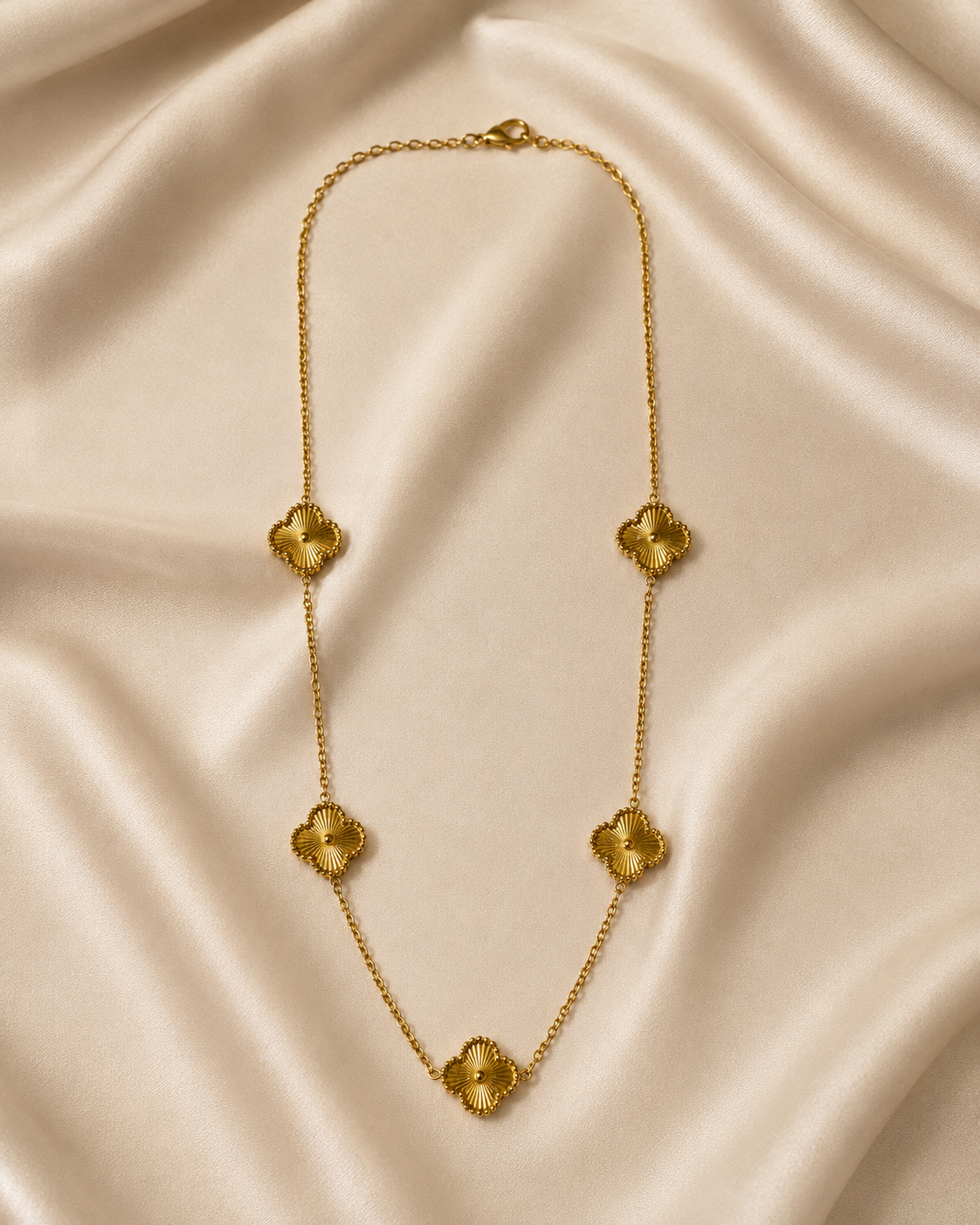 Gold-Plated Textured Clover Station Long Necklace