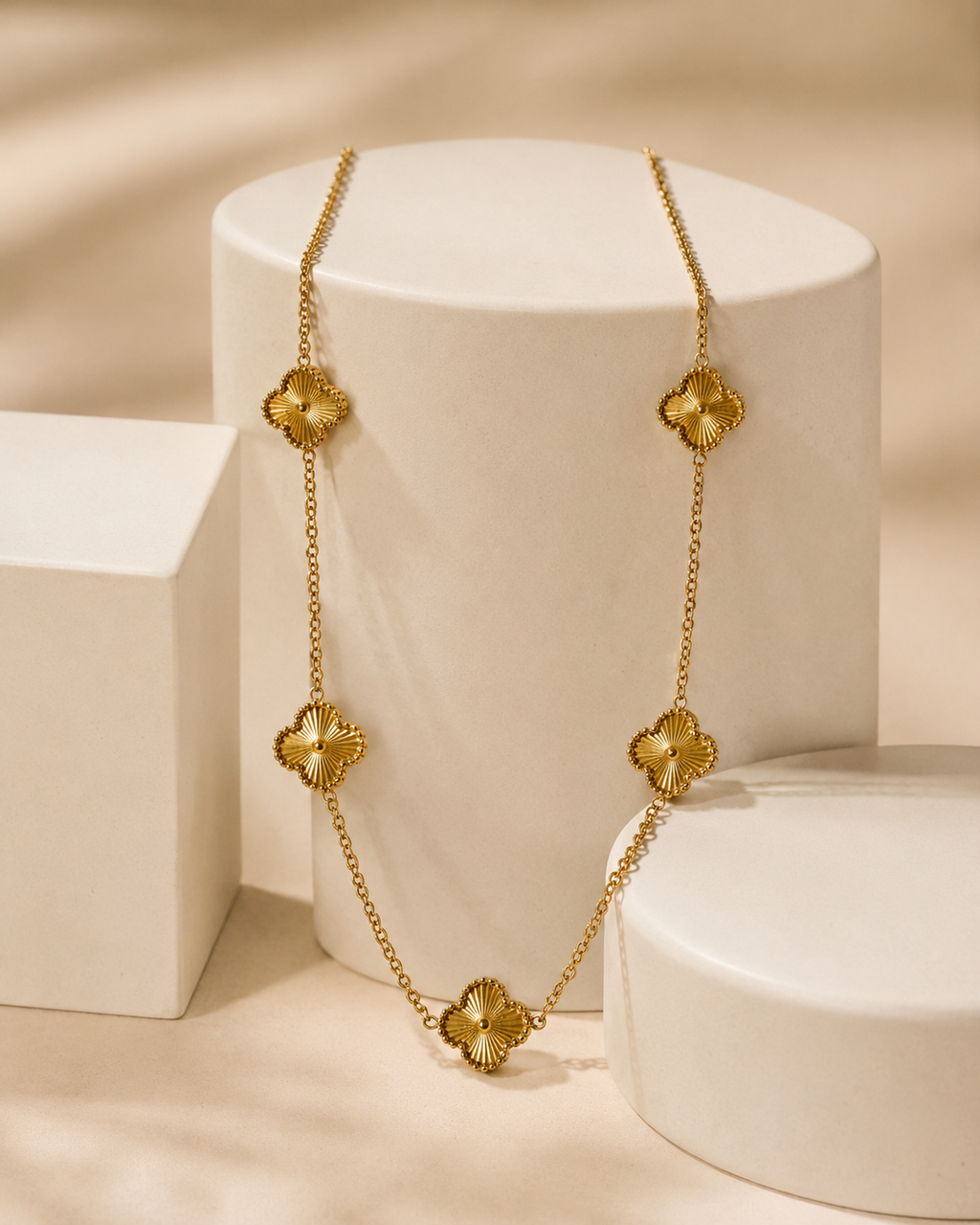 Gold-Plated Textured Clover Station Long Necklace