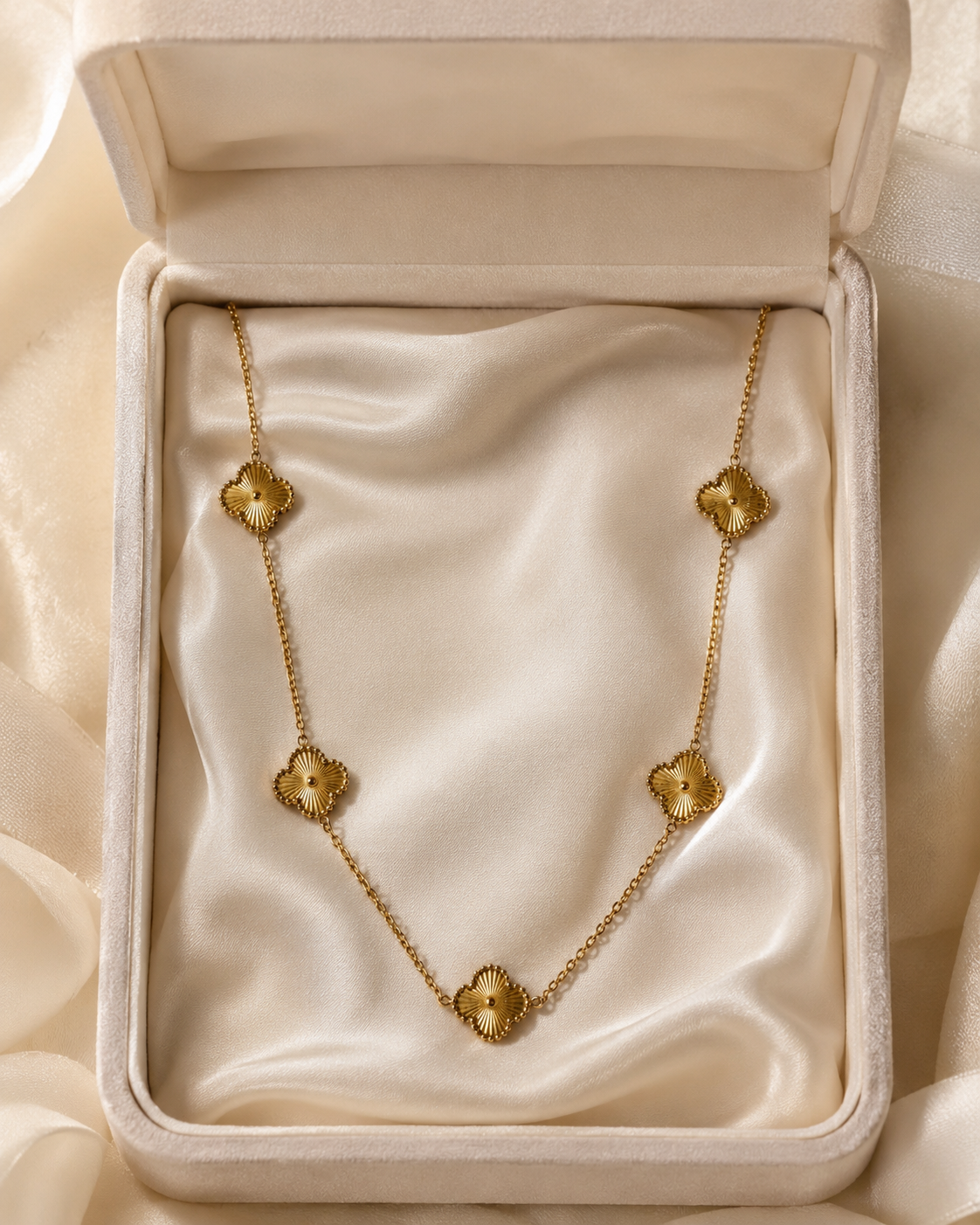 Gold-Plated Textured Clover Station Long Necklace