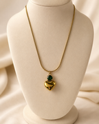 Gold-Plated Puffy Heart Pendant Necklace with Green Crystal