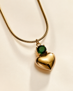 Gold-Plated Puffy Heart Pendant Necklace with Green Crystal