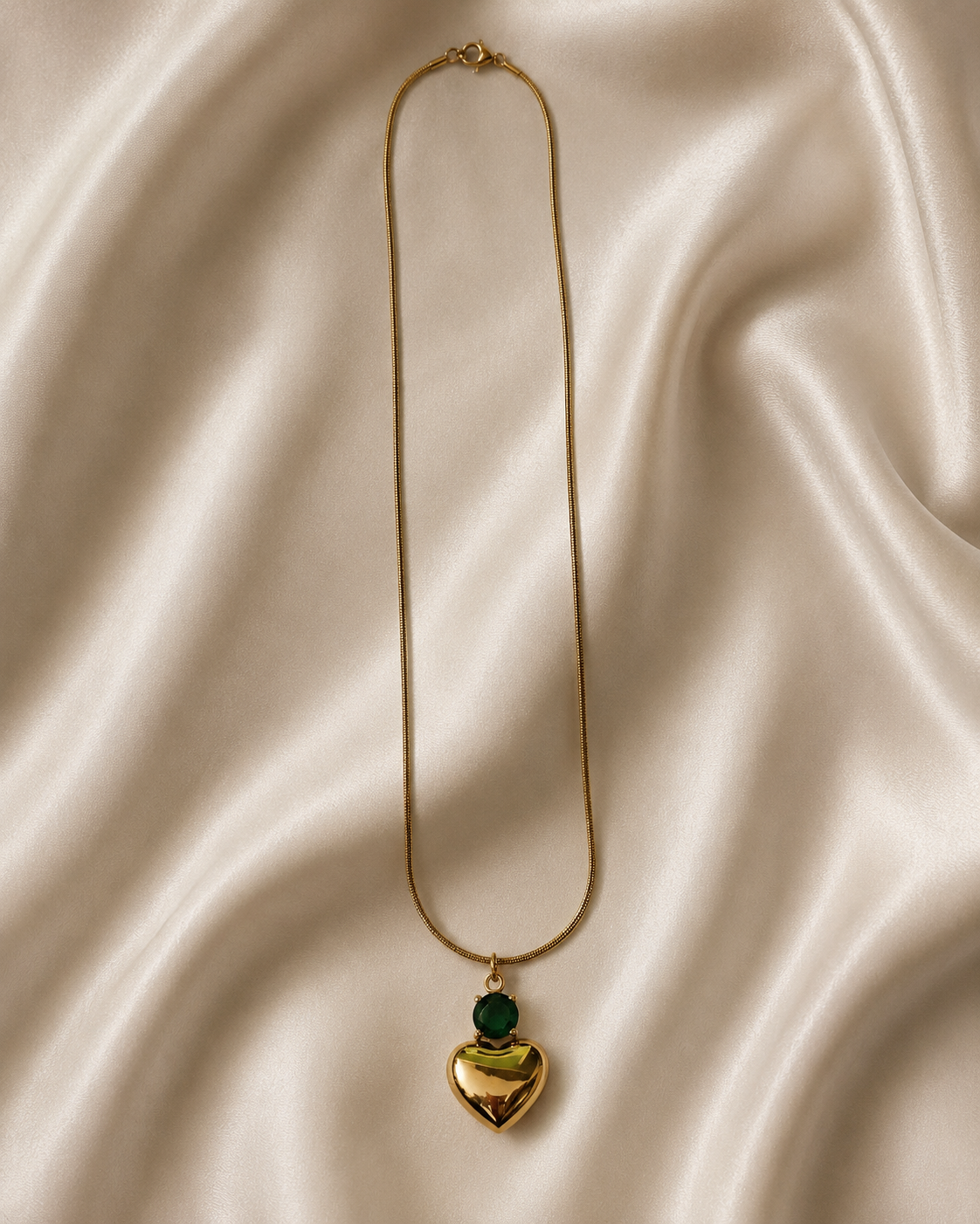 Gold-Plated Puffy Heart Pendant Necklace with Green Crystal