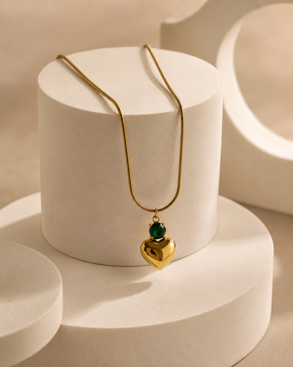 Gold-Plated Puffy Heart Pendant Necklace with Green Crystal