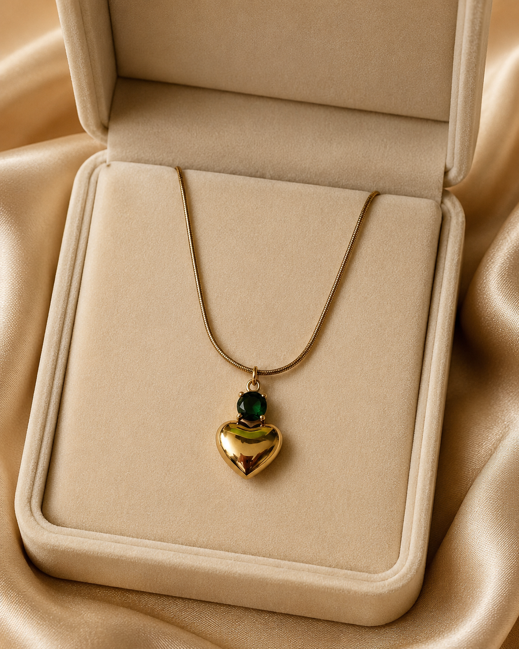 Gold-Plated Puffy Heart Pendant Necklace with Green Crystal