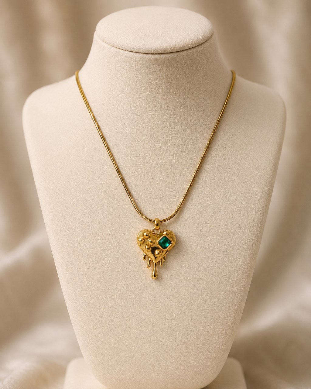 Gold-Plated Melting Heart Pendant Necklace with Green Crystal Accent