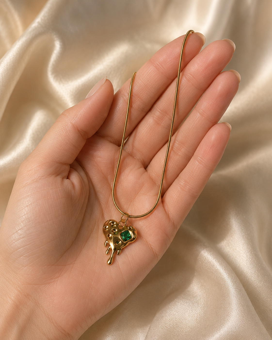 Gold-Plated Melting Heart Pendant Necklace with Green Crystal Accent
