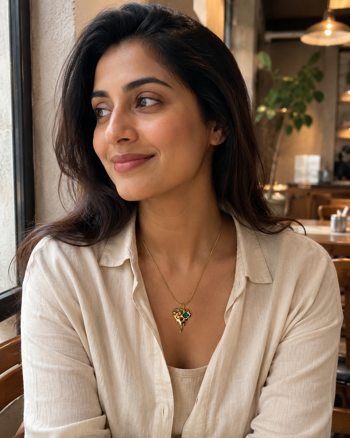 Gold-Plated Melting Heart Pendant Necklace with Green Crystal Accent