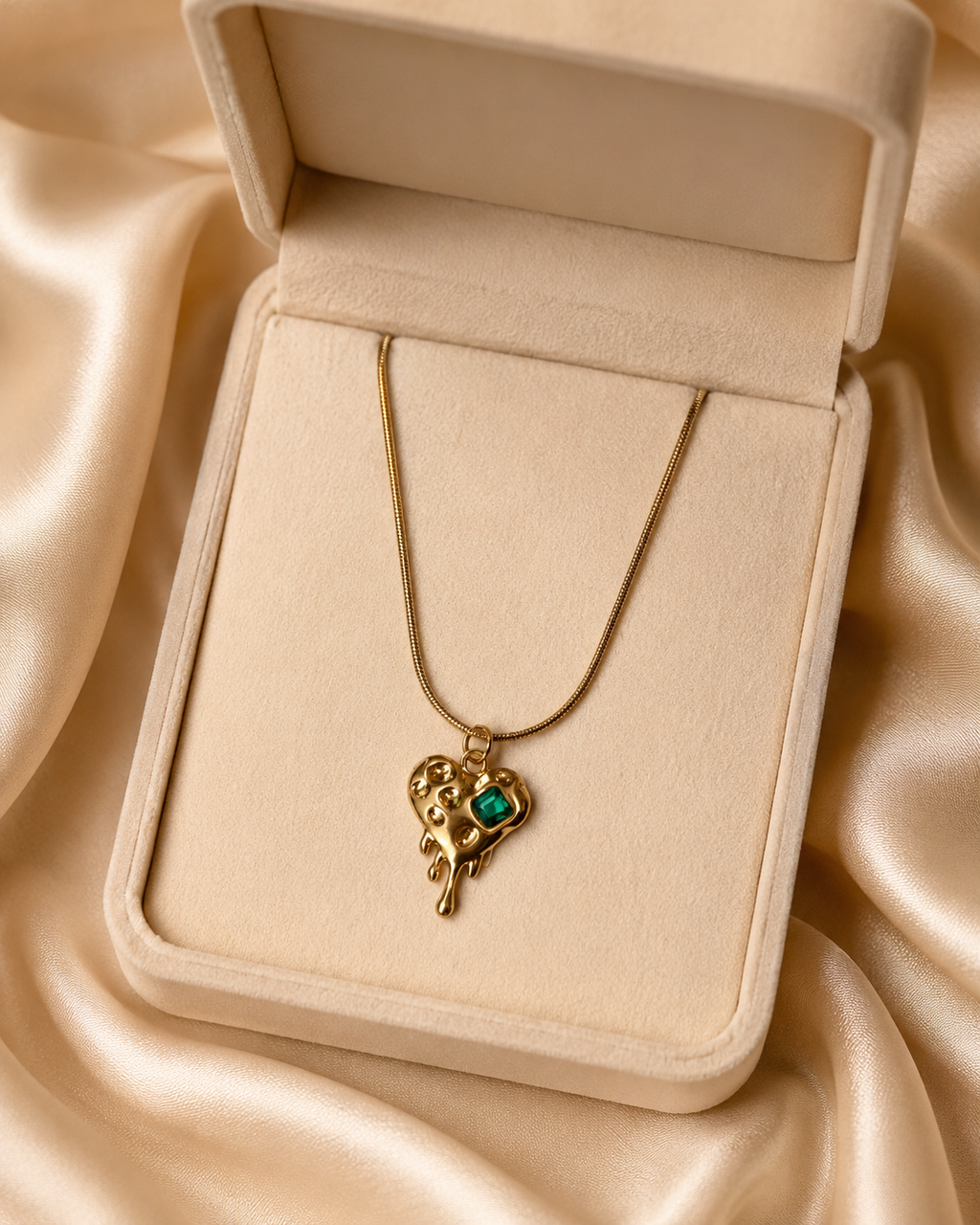 Gold-Plated Melting Heart Pendant Necklace with Green Crystal Accent