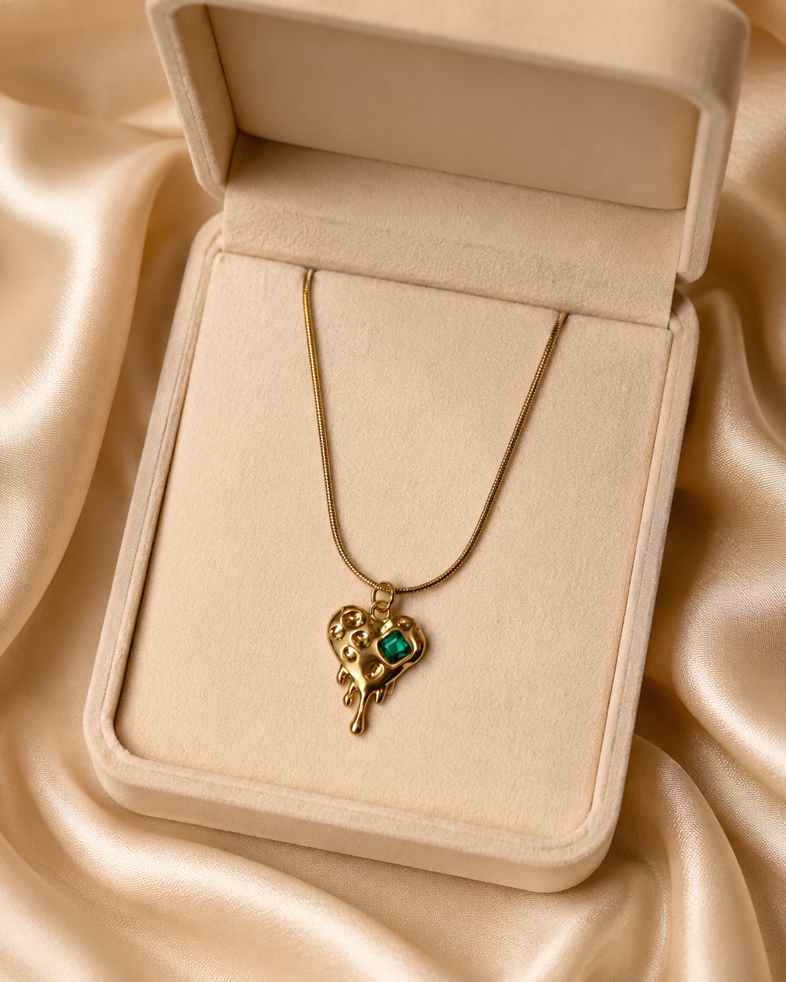Gold-Plated Melting Heart Pendant Necklace with Green Crystal Accent