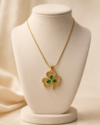 Emerald Green Three-Leaf Clover Gold-Plated Pendant Necklace